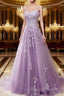 A-Line Spaghetti Straps Lace Lavender Prom Dress Long With Appliques Pretty Dresses