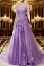 A Line Spaghetti Straps Lace Orchid Prom Dress Long With Appliques Pretty Dresses