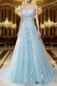 A Line Spaghetti Straps Lace Powder Blue Prom Dress Long With Appliques Pretty Dresses