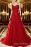 A Line Spaghetti Straps Lace Red Prom Dress Long With Appliques Pretty Dresses