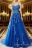 A Line Spaghetti Straps Lace Royal Blue Prom Dress Long With Appliques Pretty Dresses