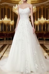 A Line Spaghetti Straps Lace White Wedding Dresses Long With Appliques Pretty Dresses