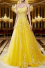 A Line Spaghetti Straps Lace Yellow Prom Dress Long With Appliques Pretty Dresses