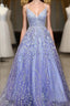 Lavender Spaghetti Straps Lace Floral A Line Prom Gown Long Prom Dresses