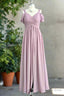 A Line Spaghetti Straps Pleated Chiffon Vintage Mauve Bridesmaid Dresses with Slit
