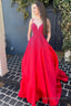 A Line Spaghetti Straps Red Long Prom Dresses with Beading