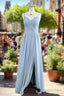 A Line Spaghetti Straps Ruched Long Chiffon Bridesmaid Dresses with Slit