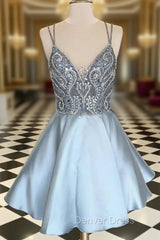 A Line Spaghetti Straps Satin Backless Homecoming Dresses With Pocket