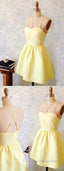 A-Line Spaghetti Straps Short Yellow Satin Homecoming Dress