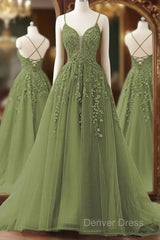A-Line Spaghetti Straps Sweep Train Prom Dresses, Sage Green Tulle Formal Dresses