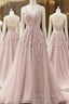 A Line Spaghetti Straps Tulle Prom Dresses with Appliques