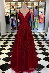 A-Line Spaghetti Straps V Neck Lace Prom Dress