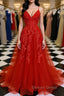 A Line Spaghetti Straps V Neck Red Lace Long Prom Dress, Red Lace Prom Dress, Red Prom Dresses