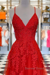 A Line Spaghetti Straps V Neck Red Lace Long Prom Dresses, Red Lace Formal Dresses, Red Evening Dresses