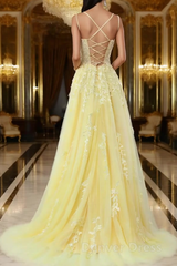 A-Line Spaghetti Straps Yellow Prom Dresses Long With Appliques Pretty Dresses