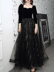A-Line Sparkle Elegant Prom Formal Evening Dress Square Neck Sweetheart Neckline Long Sleeve Floor Length Tulle Velvet With Pleats Sequin