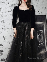 A-Line Sparkle Elegant Prom Formal Evening Dress Square Neck Sweetheart Neckline Long Sleeve Floor Length Tulle Velvet With Pleats Sequin