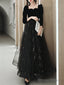 A Line Sparkle Elegant Prom Dresses Square Neck Sweetheart Neckline Long Sleeve Floor Length Tulle Velvet With Pleats Sequin