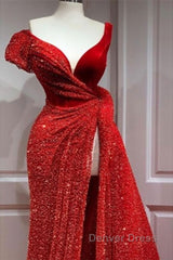 A-Line Sparkle & Shine High Split Prom Formal Evening Dresses V Neck Short Sleeve Court Train Satin With Sequin Slit