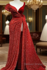 A-Line Sparkle & Shine High Split Prom Formal Evening Dresses V Neck Short Sleeve Court Train Satin With Sequin Slit