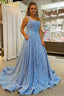 A Line Square Neck Light Blue Sequins Long Prom Dresses