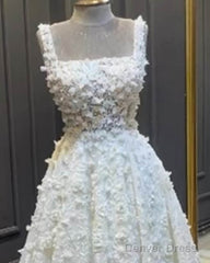 A-Line Square Neck Satin Wedding Dress With 3D Flwoers