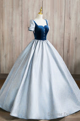 A-Line Square Neckline Floor Length Prom Dress, Blue Short Sleeve Evening Party Dress