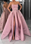 A Line Square Neckline Long Floor Length Satin Prom Dresses With Pockets Split
