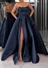 A-line Square Neckline Long/Floor-Length Satin Prom Dresses With Pockets Split