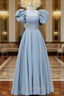 A Line Square Neckline Puff sleeves Long Blue Prom Dress, Blue Long Prom Dresses