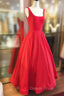 A Line Square Neckline Regular Straps Long Floor Length Satin Prom Dresses
