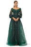 A Line Square Neckline Sequined Floor Length Long Sleeve Open Back Appliques Lace Prom Dresses