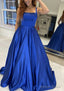 A Line Square Neckline Sleeveless Sweep Train Satin Prom Dresses With Pockets
