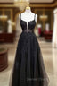 A Line Square Neckline Spaghetti Straps Long Floor Length Tulle Prom Dress With Glitter Beading Appliqued Prom Dresses