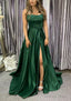 A Line Square Neckline Spaghetti Straps Sweep Train Charmeuse Prom Dresses