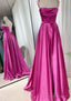 A Line Square Neckline Spaghetti Straps Sweep Train Charmeuse Prom Dresses With Pleated