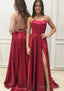 A Line Square Neckline Spaghetti Straps Sweep Train Charmeuse Prom Dresses With Pockets Split