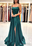 A Line Square Neckline Spaghetti Straps Sweep Train Charmeuse Prom Dresses With Split