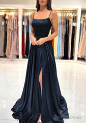 A-line Square Neckline Spaghetti Straps Sweep Train Charmeuse Prom Dresses With Split