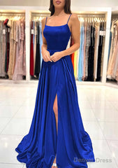 A-line Square Neckline Spaghetti Straps Sweep Train Charmeuse Prom Dresses With Split