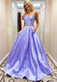 A Line Square Neckline Spaghetti Straps Sweep Train Satin Prom Dresses With Beading Pockets