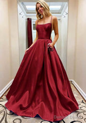 A-line Square Neckline Spaghetti Straps Sweep Train Satin Prom Dresses With Beading Pockets