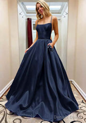 A-line Square Neckline Spaghetti Straps Sweep Train Satin Prom Dresses With Beading Pockets