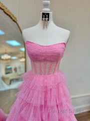 A Line Strapless Corset Glitter Tulle Prom Dresses with Ruffles