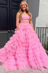 A Line Strapless Corset Glitter Tulle Prom Dresses with Ruffles