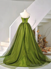 A-Line Strapless Green Satin Tulle Sweep Train Prom Evening Dresses