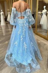 A-line Strapless Puff Long Sleeves Beaded Appliques Long Formal Prom Dresses
