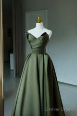 A-Line Strapless Satin Long Prom Dress, Dark Green Evening Party Dress