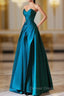A Line Strapless Satin Peacock Blue Long Prom Dress, Simple Peacock Blue Prom Dresses
