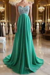 A-Line Strapless Sweetheart Neck Green Chiffon Long Prom Dresses, Green Evening Dresses